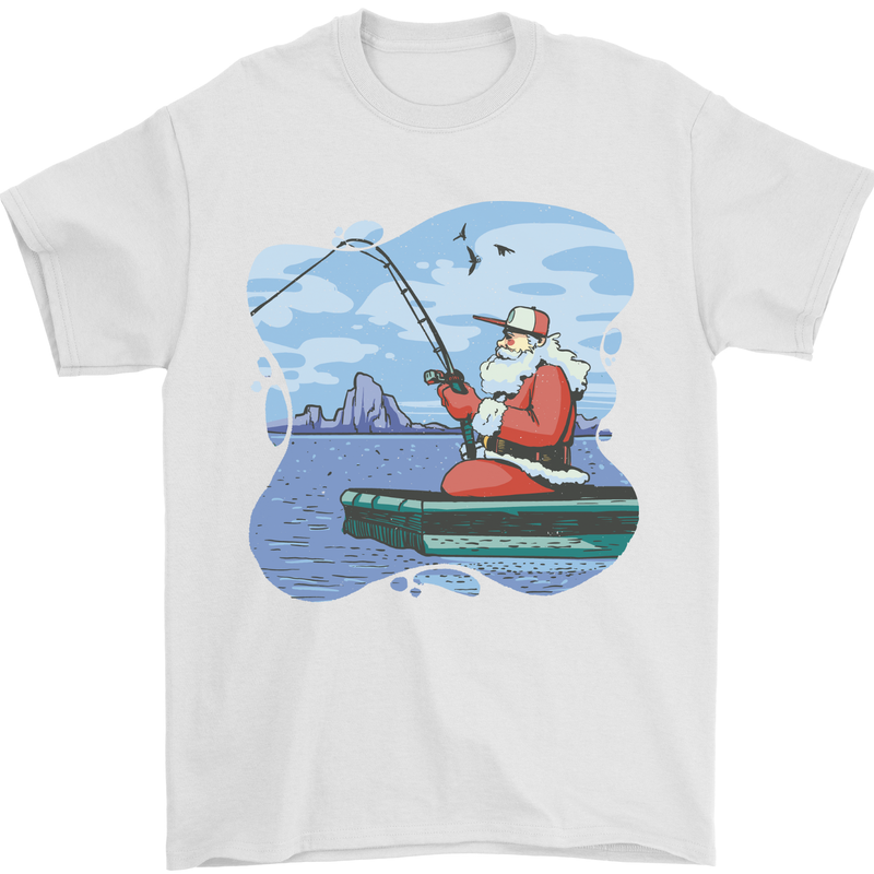 Santa Claus Fishing on a Pier Christmas Mens T-Shirt 100% Cotton White