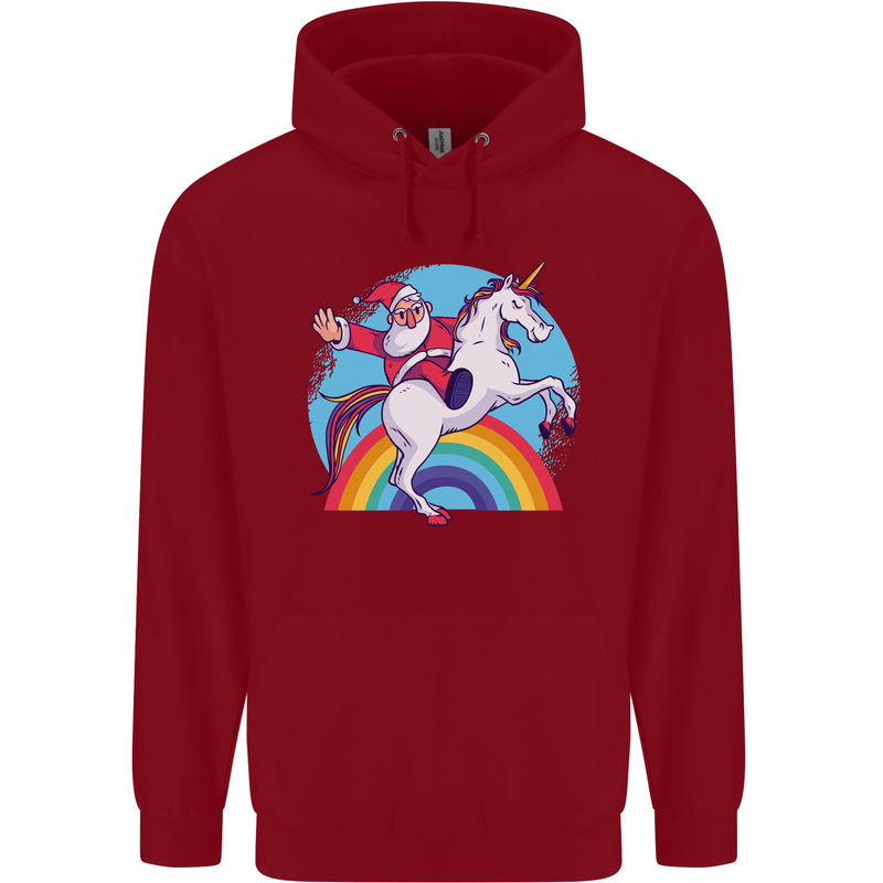 Santa Claus On a Unicorn Christmas Xmas Childrens Kids Hoodie Red