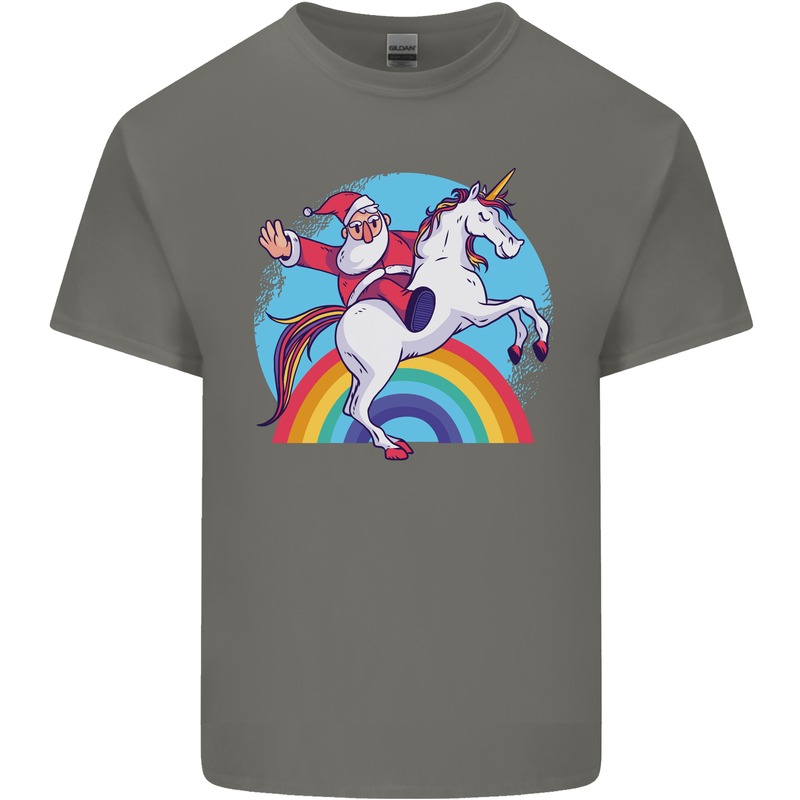 Santa Claus On a Unicorn Christmas Xmas Mens Cotton T-Shirt Tee Top Charcoal