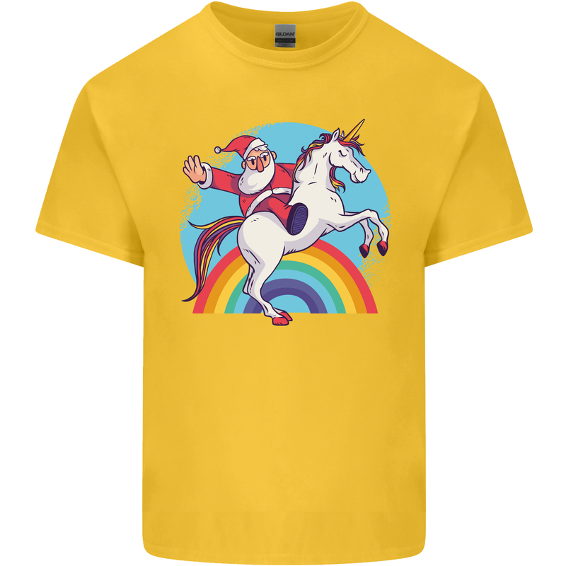 Santa Claus On a Unicorn Christmas Xmas Mens Cotton T-Shirt Tee Top Yellow