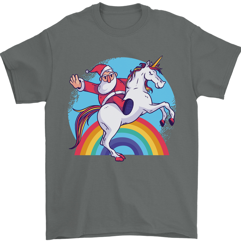 Santa Claus On a Unicorn Christmas Xmas Mens T-Shirt 100% Cotton Charcoal