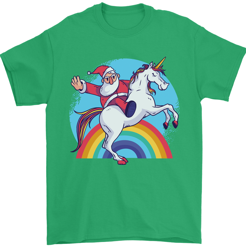Santa Claus On a Unicorn Christmas Xmas Mens T-Shirt 100% Cotton Irish Green