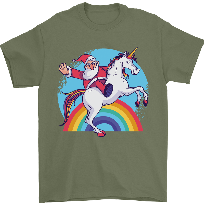 Santa Claus On a Unicorn Christmas Xmas Mens T-Shirt 100% Cotton Military Green