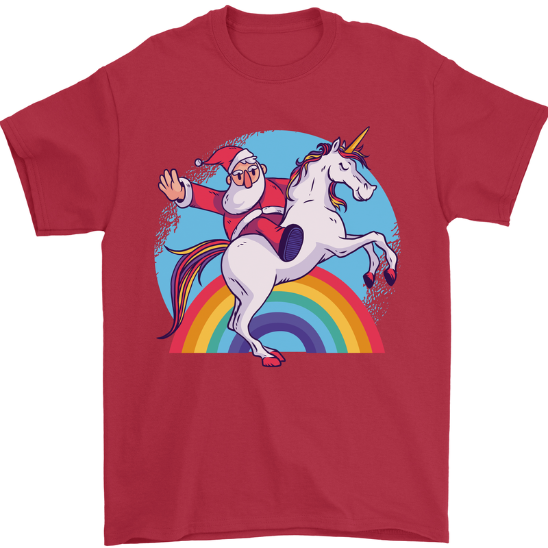 Santa Claus On a Unicorn Christmas Xmas Mens T-Shirt 100% Cotton Red