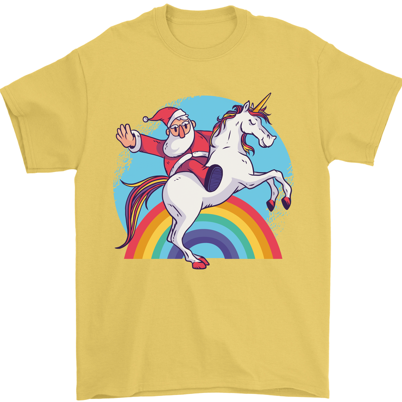 Santa Claus On a Unicorn Christmas Xmas Mens T-Shirt 100% Cotton Yellow