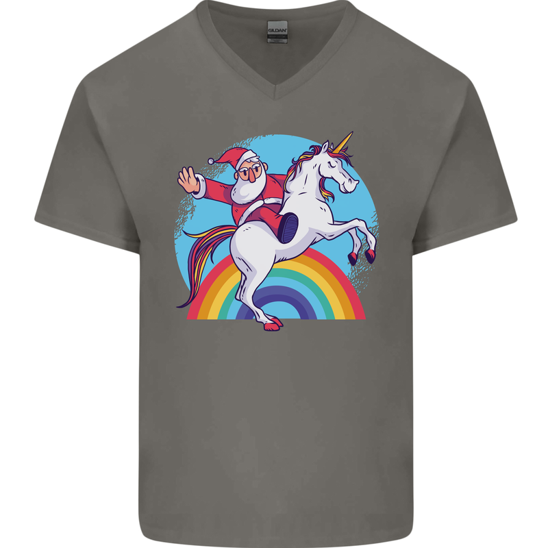 Santa Claus On a Unicorn Christmas Xmas Mens V-Neck Cotton T-Shirt Charcoal