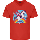 Santa Claus On a Unicorn Christmas Xmas Mens V-Neck Cotton T-Shirt Red