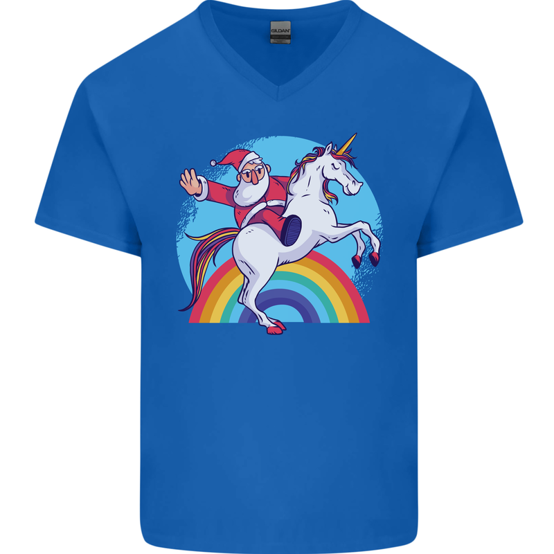 Santa Claus On a Unicorn Christmas Xmas Mens V-Neck Cotton T-Shirt Royal Blue