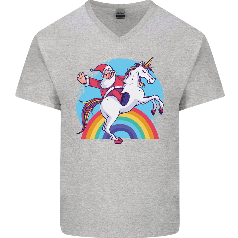 Santa Claus On a Unicorn Christmas Xmas Mens V-Neck Cotton T-Shirt Sports Grey
