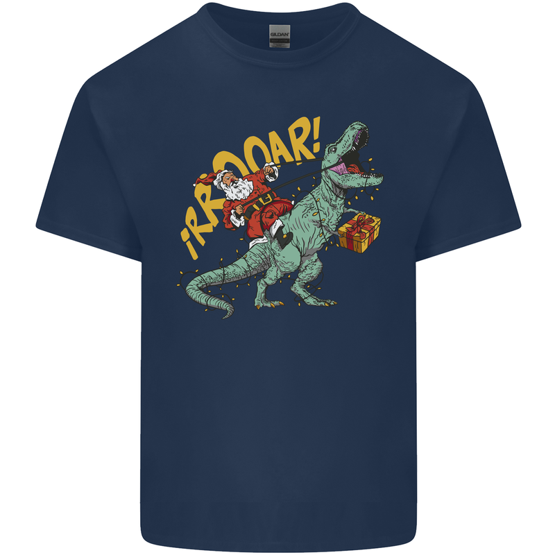 Santa Claus Riding a T-Rex Dinosaur Christmas Kids T-Shirt Childrens Navy Blue