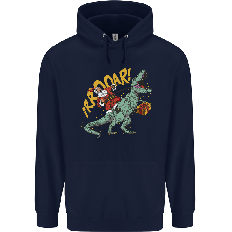 Santa Claus Riding a T-Rex Dinosaur Christmas Mens 80% Cotton Hoodie Navy Blue