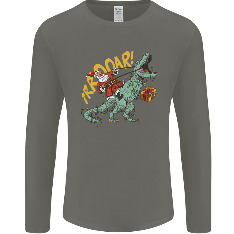 Santa Claus Riding a T-Rex Dinosaur Christmas Mens Long Sleeve T-Shirt Charcoal