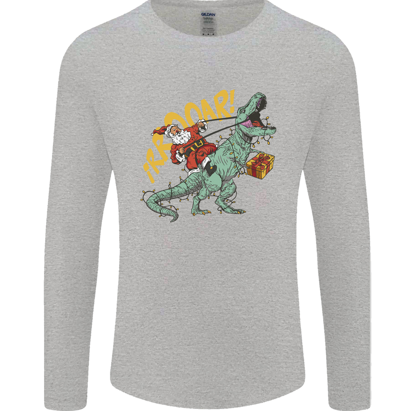 Santa Claus Riding a T-Rex Dinosaur Christmas Mens Long Sleeve T-Shirt Sports Grey