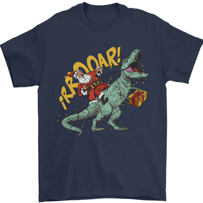 Santa Claus Riding a T-Rex Dinosaur Christmas Mens T-Shirt 100% Cotton Navy Blue