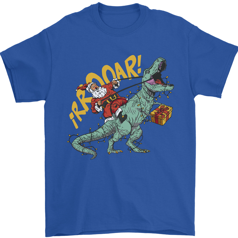Santa Claus Riding a T-Rex Dinosaur Christmas Mens T-Shirt 100% Cotton Royal Blue