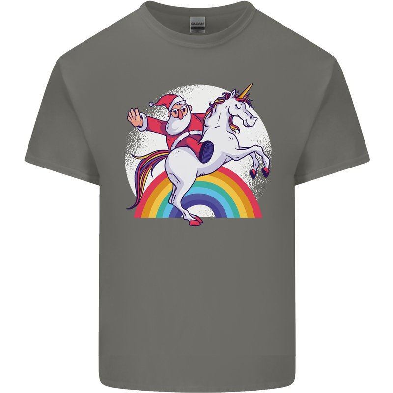 Santa Claus Riding a Unicorn Christmas Xmas Mens Cotton T-Shirt Tee Top Charcoal