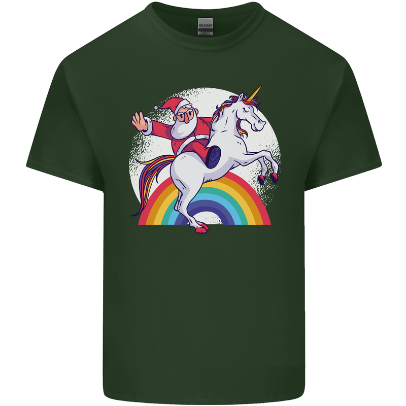 Santa Claus Riding a Unicorn Christmas Xmas Mens Cotton T-Shirt Tee Top Forest Green