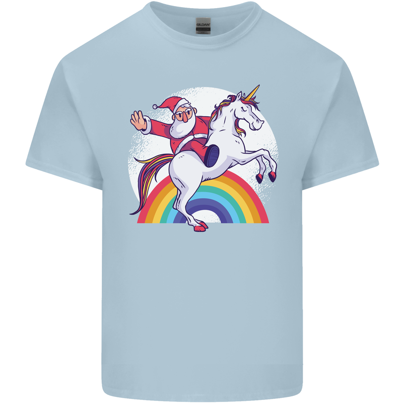 Santa Claus Riding a Unicorn Christmas Xmas Mens Cotton T-Shirt Tee Top Light Blue