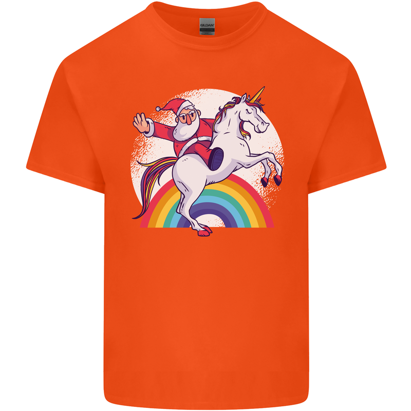 Santa Claus Riding a Unicorn Christmas Xmas Mens Cotton T-Shirt Tee Top Orange