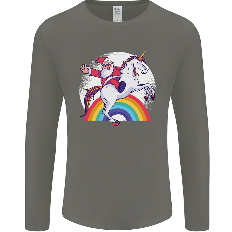 Santa Claus Riding a Unicorn Christmas Xmas Mens Long Sleeve T-Shirt Charcoal