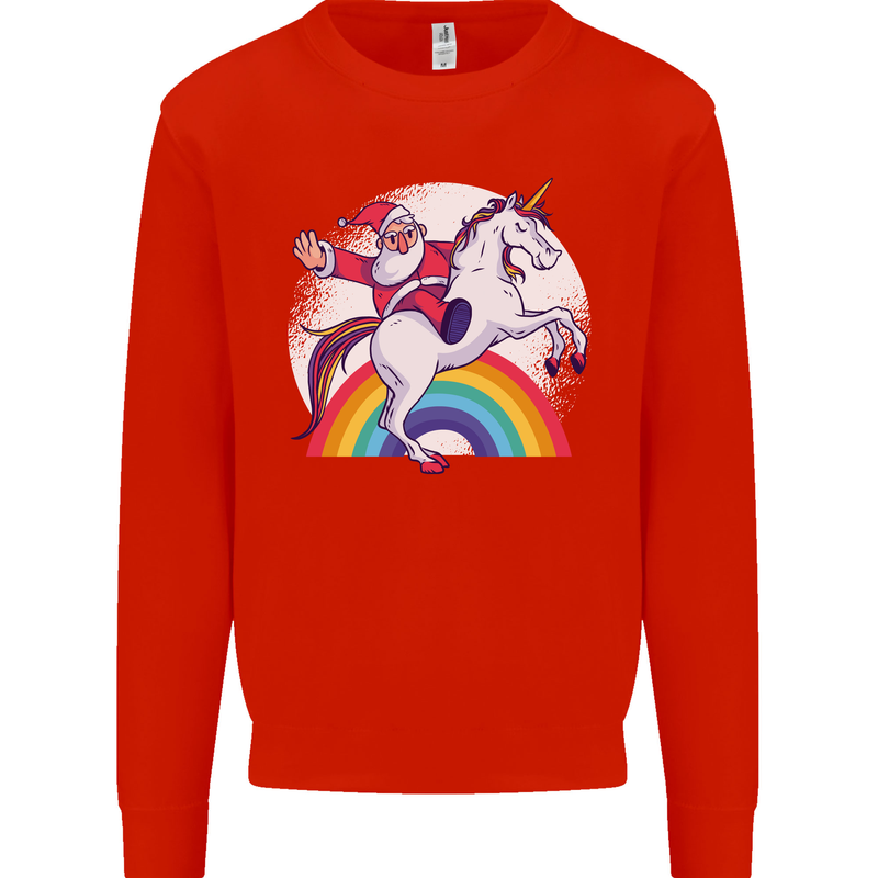 Santa Claus Riding a Unicorn Christmas Xmas Mens Sweatshirt Jumper Bright Red