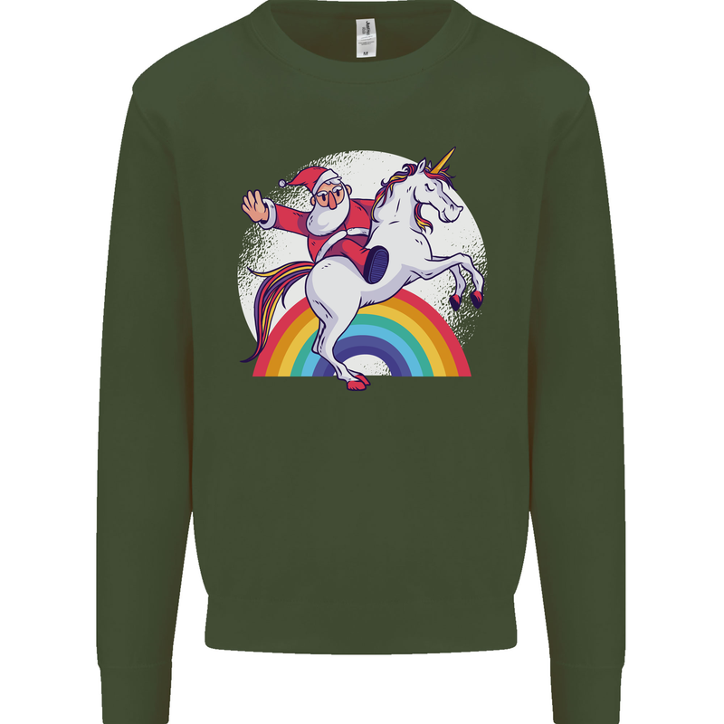 Santa Claus Riding a Unicorn Christmas Xmas Mens Sweatshirt Jumper Forest Green