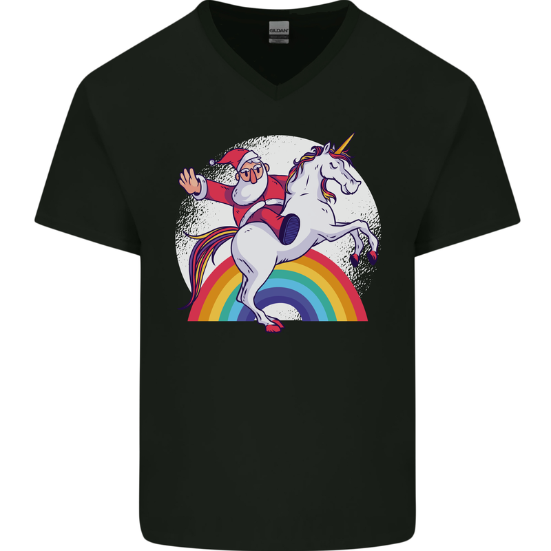 Santa Claus Riding a Unicorn Christmas Xmas Mens V-Neck Cotton T-Shirt Black