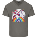 Santa Claus Riding a Unicorn Christmas Xmas Mens V-Neck Cotton T-Shirt Charcoal