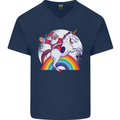 Santa Claus Riding a Unicorn Christmas Xmas Mens V-Neck Cotton T-Shirt Navy Blue