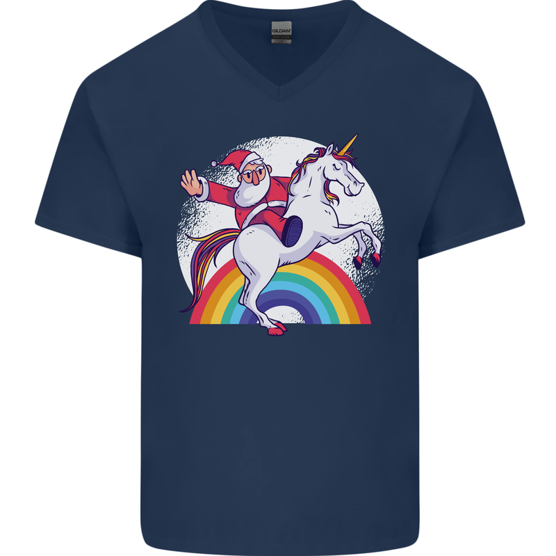 Santa Claus Riding a Unicorn Christmas Xmas Mens V-Neck Cotton T-Shirt Navy Blue