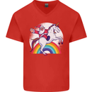 Santa Claus Riding a Unicorn Christmas Xmas Mens V-Neck Cotton T-Shirt Red