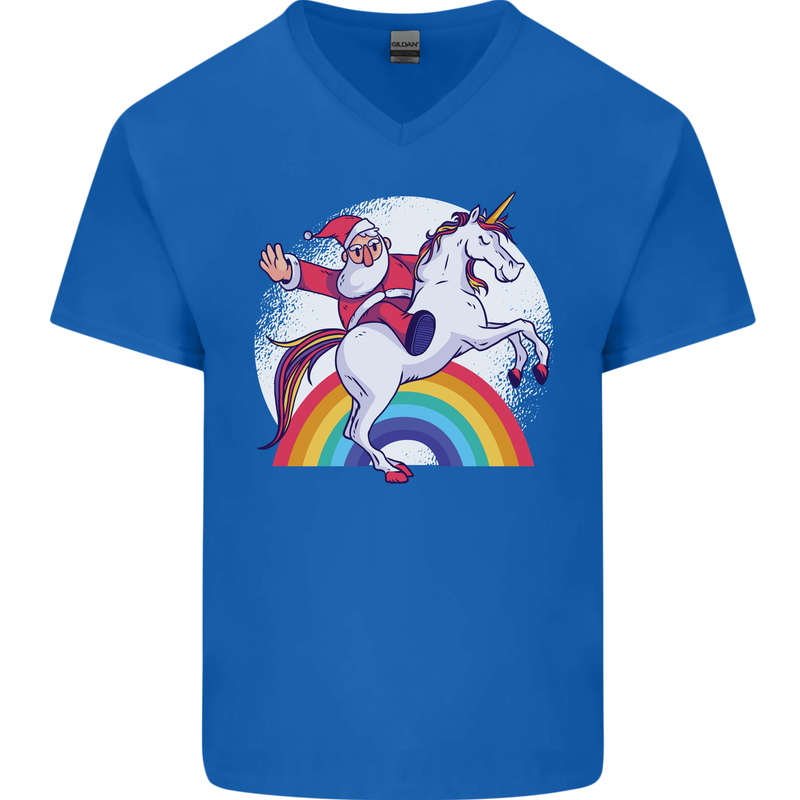 Santa Claus Riding a Unicorn Christmas Xmas Mens V-Neck Cotton T-Shirt Royal Blue
