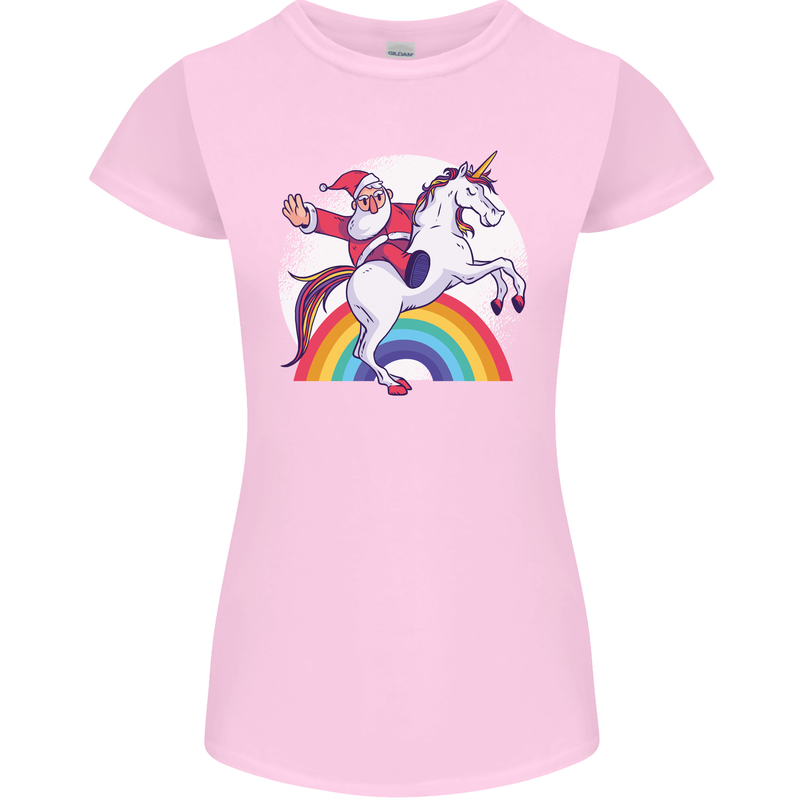 Santa Claus Riding a Unicorn Christmas Xmas Womens Petite Cut T-Shirt Light Pink