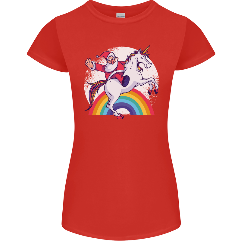Santa Claus Riding a Unicorn Christmas Xmas Womens Petite Cut T-Shirt Red