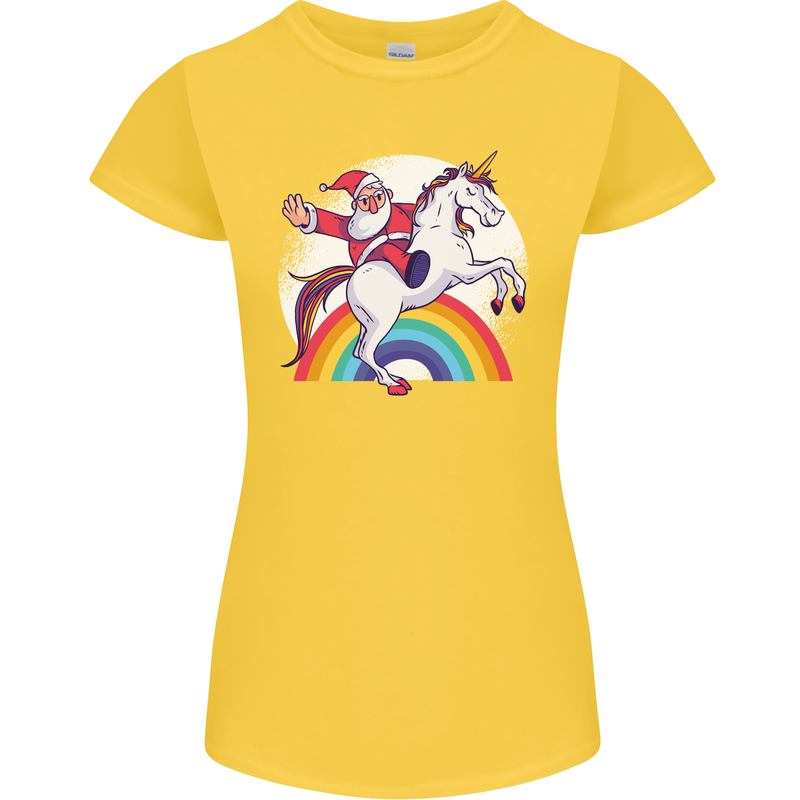 Santa Claus Riding a Unicorn Christmas Xmas Womens Petite Cut T-Shirt Yellow