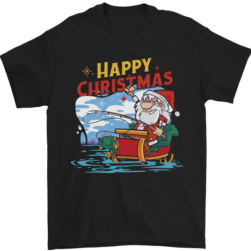 a black t - shirt with an image of santa fishing