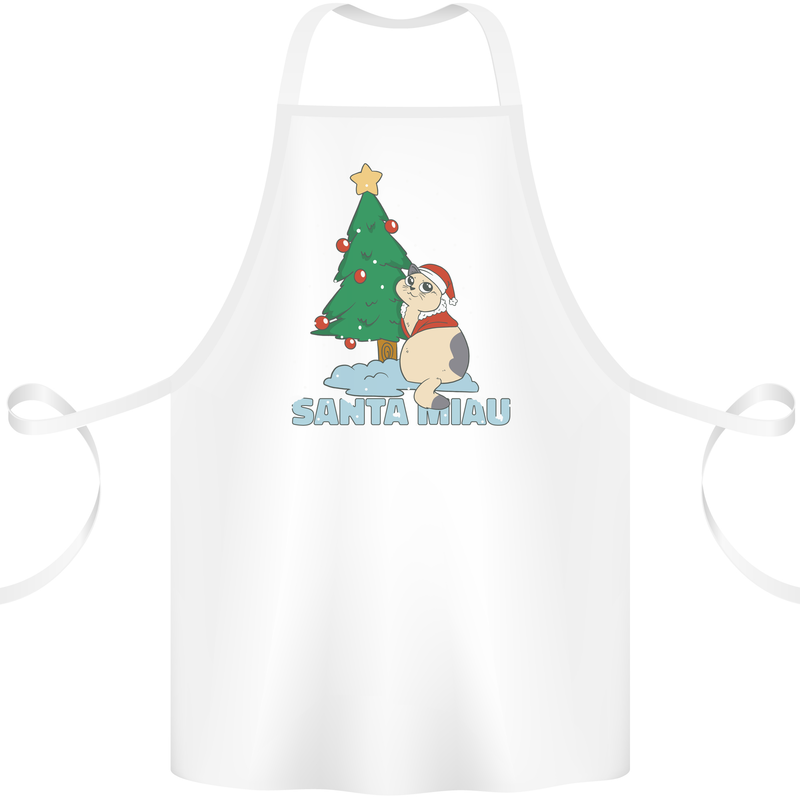 Santa Miau Funny Christmas Cat Xmas Meow Cotton Apron 100% Organic White