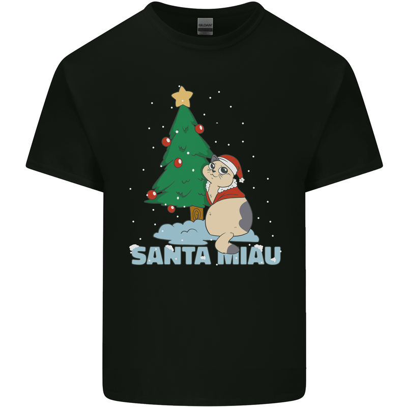 Santa Miau Funny Christmas Cat Xmas Meow Mens Cotton T-Shirt Tee Top Black