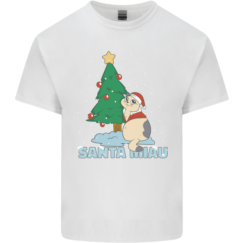 Santa Miau Funny Christmas Cat Xmas Meow Mens Cotton T-Shirt Tee Top White