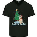 Santa Miau Funny Christmas Cat Xmas Meow Mens V-Neck Cotton T-Shirt Black