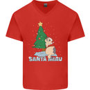Santa Miau Funny Christmas Cat Xmas Meow Mens V-Neck Cotton T-Shirt Red
