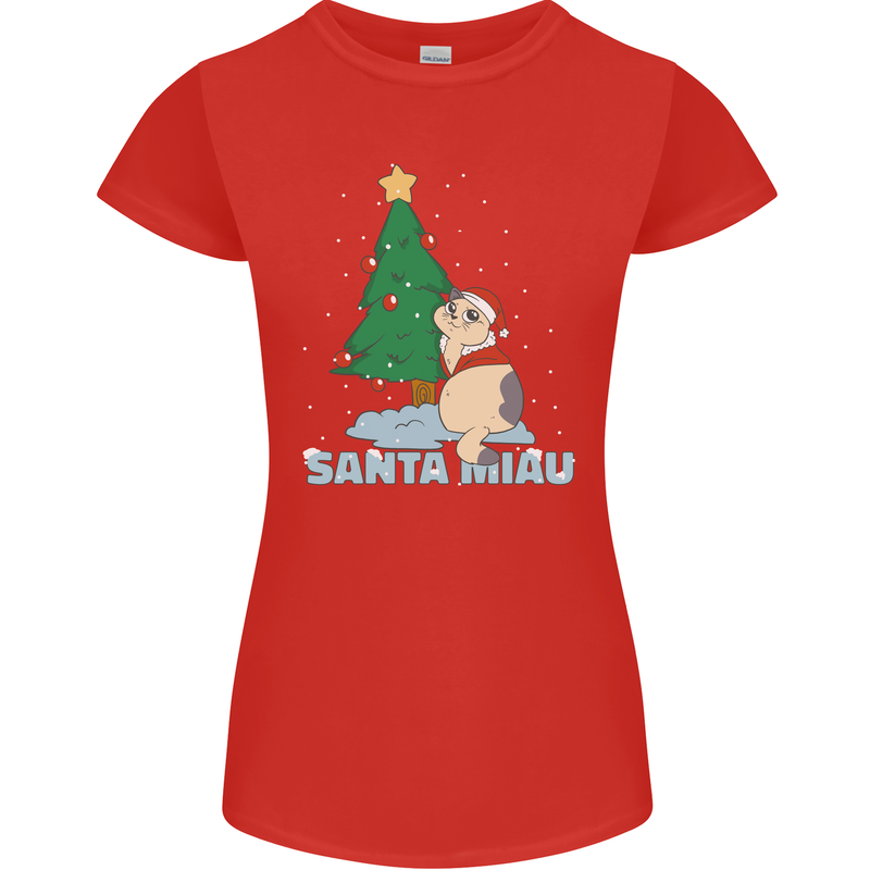 Santa Miau Funny Christmas Cat Xmas Meow Womens Petite Cut T-Shirt Red