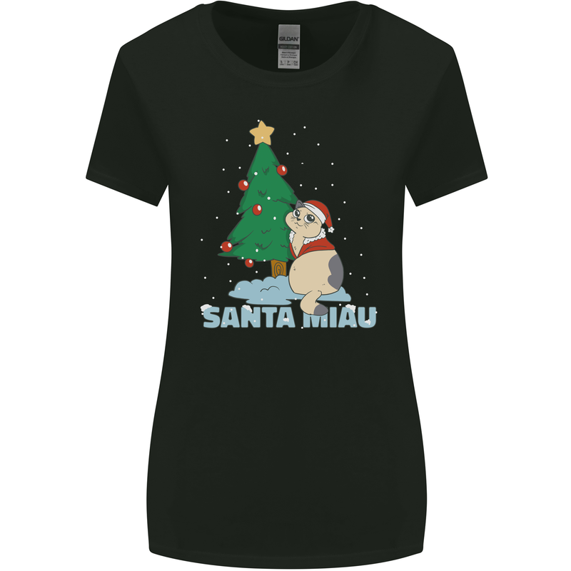 Santa Miau Funny Christmas Cat Xmas Meow Womens Wider Cut T-Shirt Black