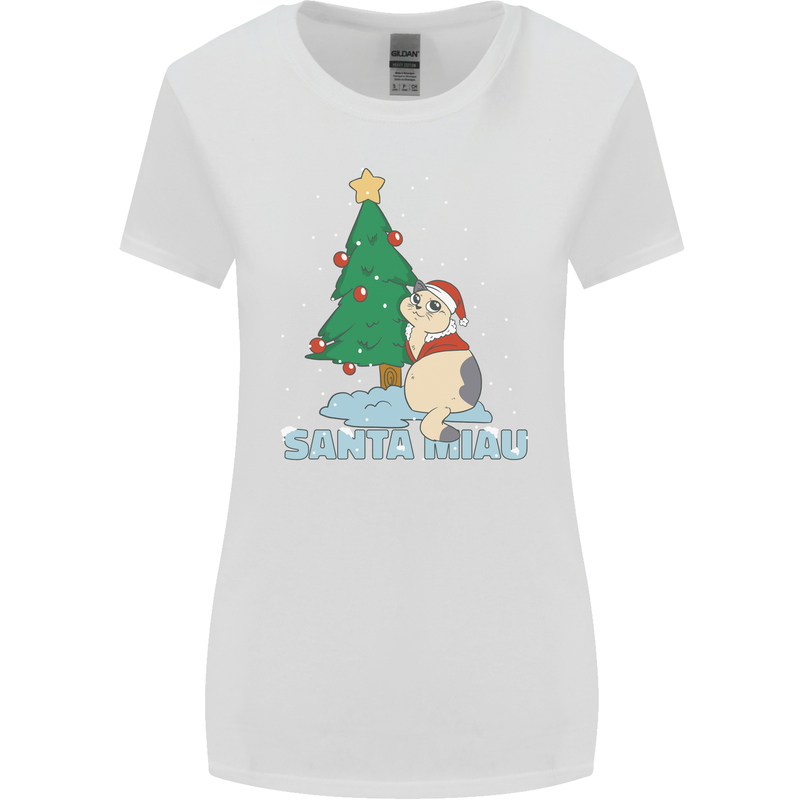 Santa Miau Funny Christmas Cat Xmas Meow Womens Wider Cut T-Shirt White