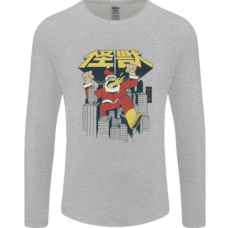 Santa Monster Japanese Christmas Xmas Mens Long Sleeve T-Shirt Sports Grey