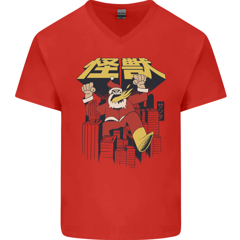 Santa Monster Japanese Christmas Xmas Mens V-Neck Cotton T-Shirt Red