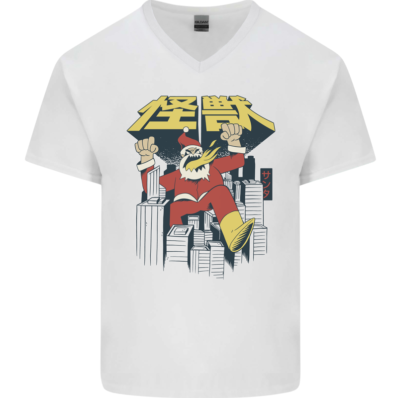 Santa Monster Japanese Christmas Xmas Mens V-Neck Cotton T-Shirt White