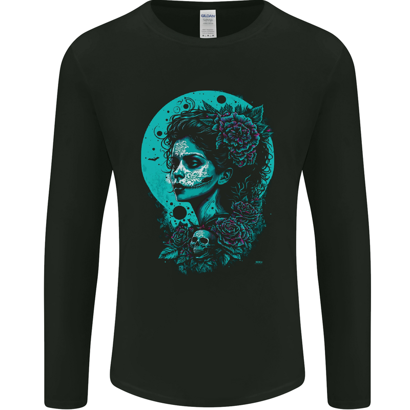 Santa Muerte Day of the Dead Skull Fantasy Mens Long Sleeve T-Shirt Black