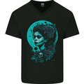 Santa Muerte Day of the Dead Skull Fantasy Mens V-Neck Cotton T-Shirt Black
