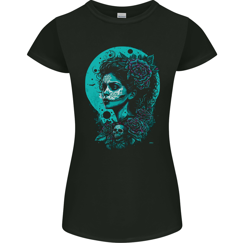 Santa Muerte Day of the Dead Skull Fantasy Womens Petite Cut T-Shirt Black